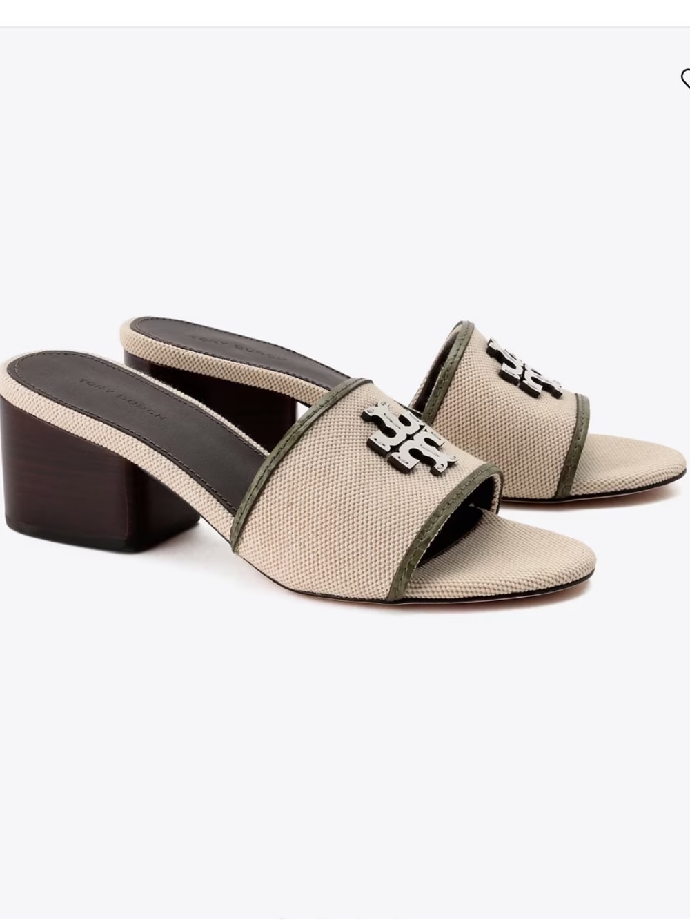 Tory Burch Beige Canvas Logo Slide Mules with Olive Trim